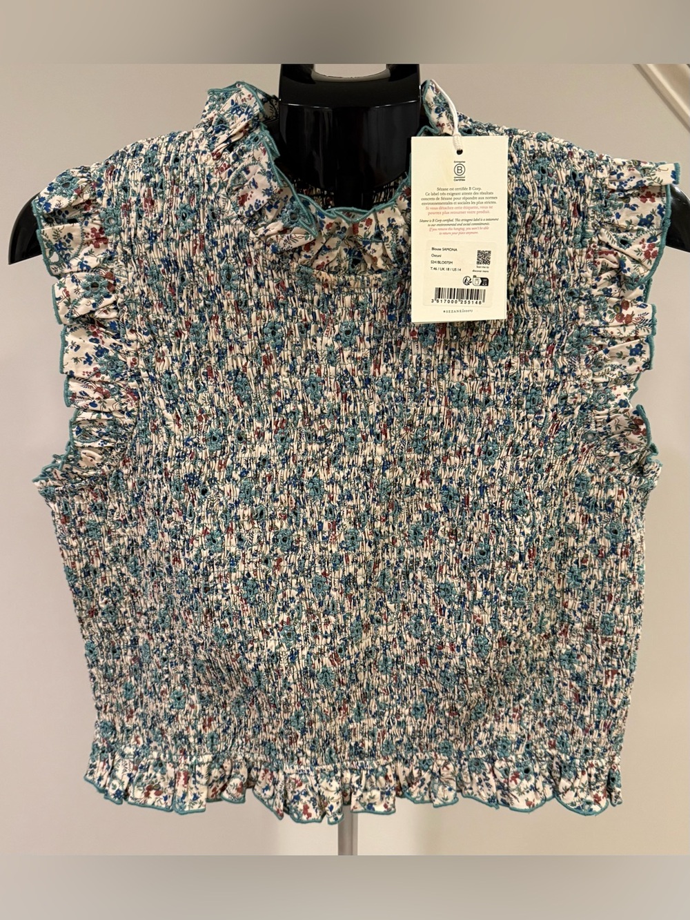 Sezane Samona Smocked Ruffle Mock-Neck Floral Top size 14 NWT